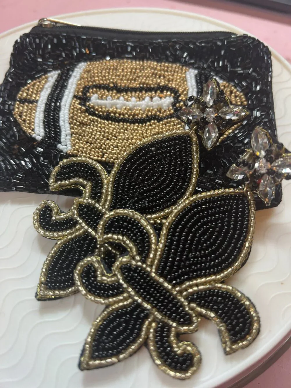 BUNDLE BUDDIES DEAL! Saints Football Beaded Pouch and XL fleur-de-lis Earrings